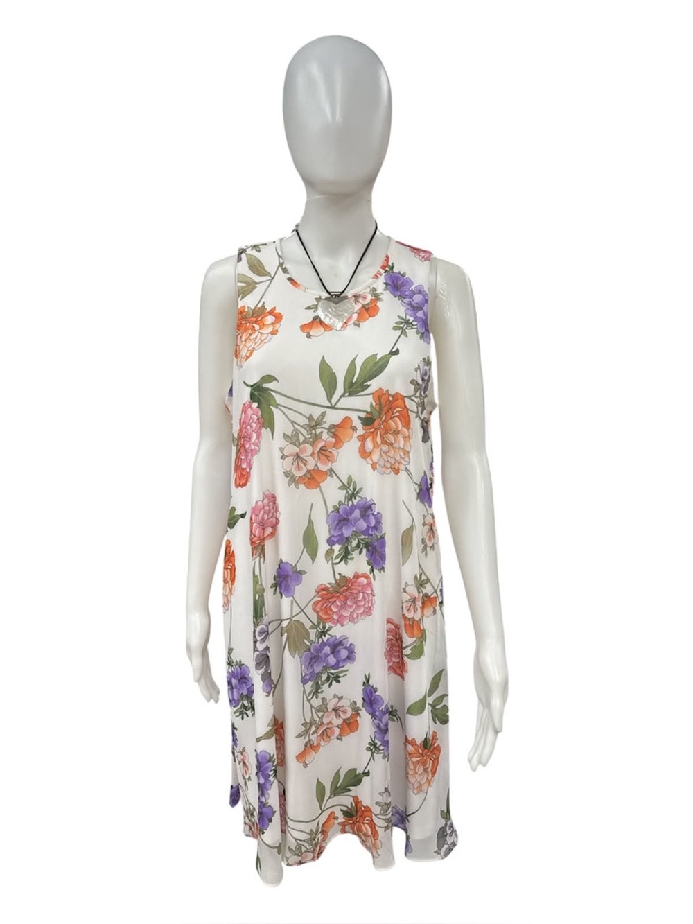 Calvin Klein White Floral Sleeveless Swing Dress with Orange & Purple Blooms S12
